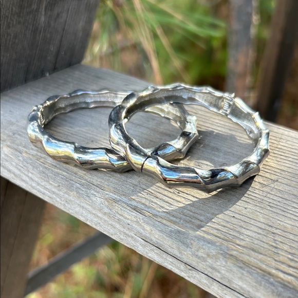 Silver tone bamboo style clamper hinge bracelets- BOTH! - Picture 1 of 7